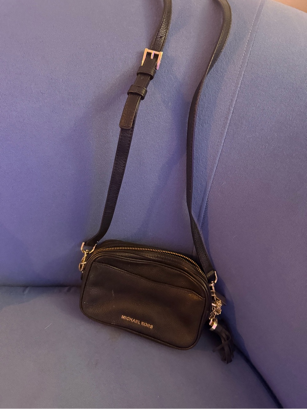 Michael Kors Black Leather Crossbody Camera Bag with Gold Hardware